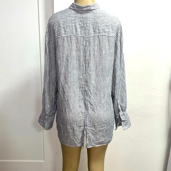 NORDSTROM Signature Linen Striped Blouson Long Blouse Sz S Gray White - Picture 7 of 10